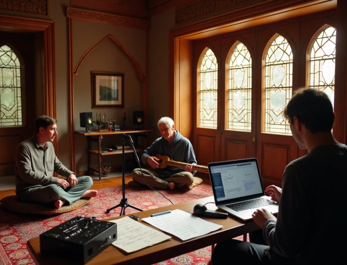 a_beautifully_blended_space_combining_a_traditional_persian_ambiance_with_a_modern_music_production a_beautifully_blended_space_combining_a_traditional_persian_ambiance_with_a_modern_music_production